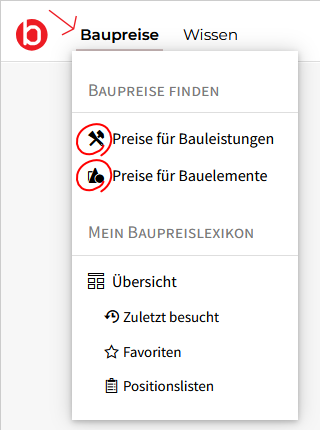 Menü Baupreise finden im Baupreislexikon